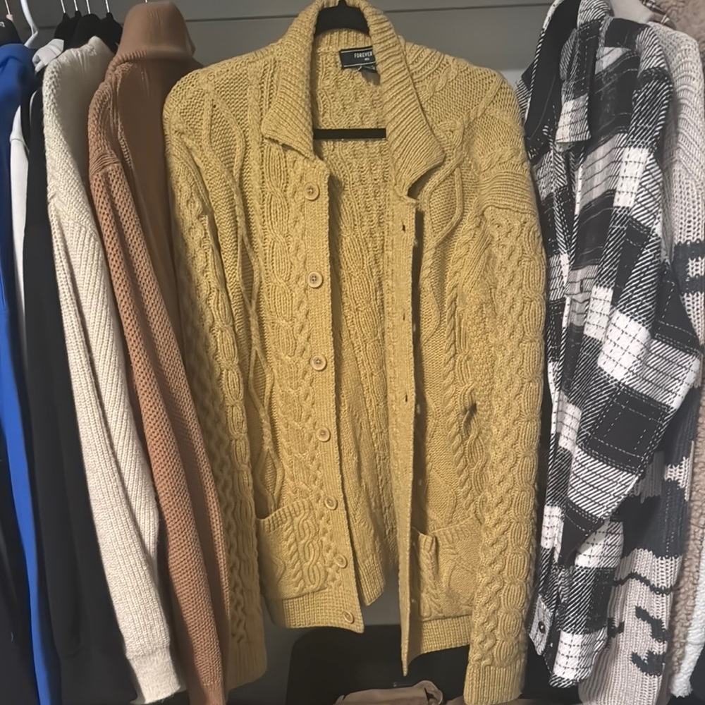 Forever 21 Mustard Cable Knit Cardigan